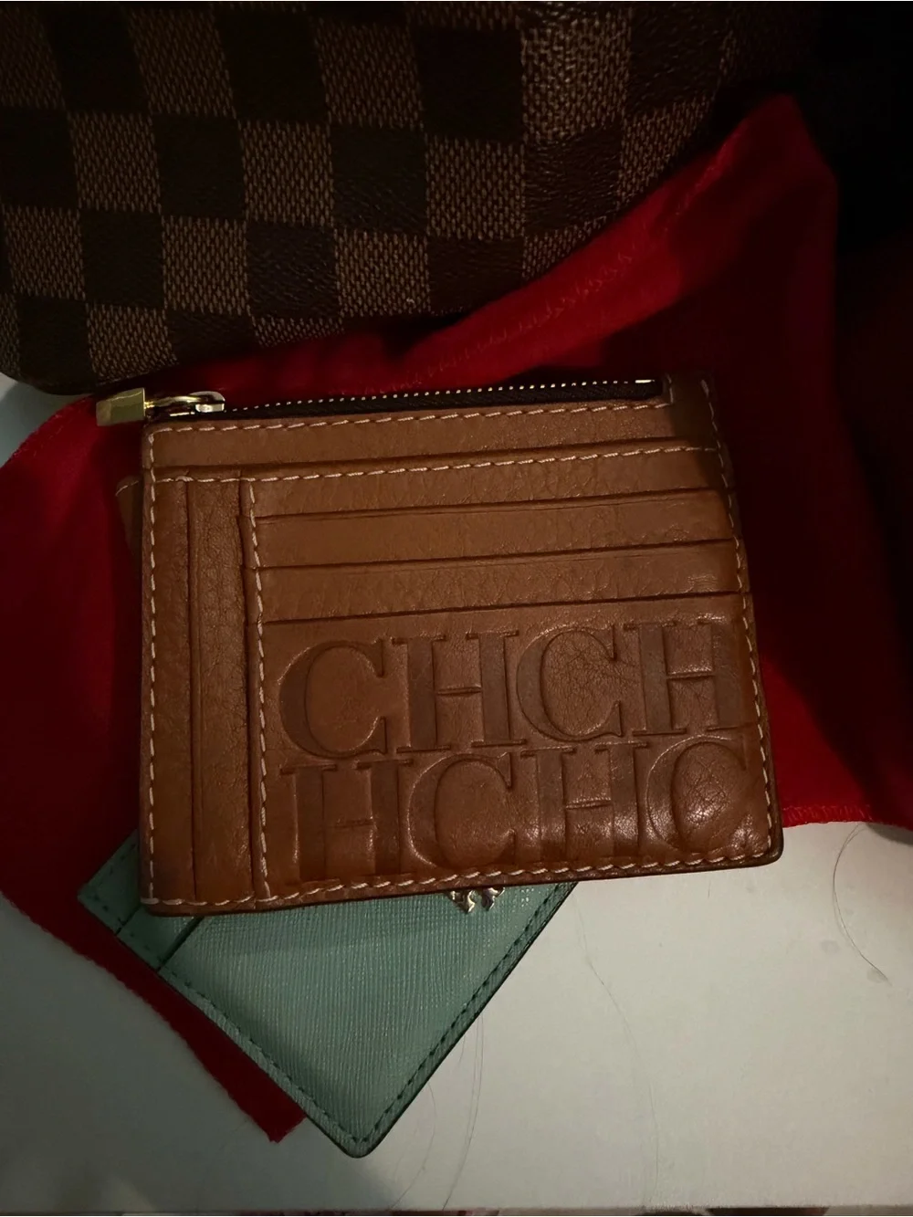 Carolina Herrera Tan Leather Card Holder with Embossed CH